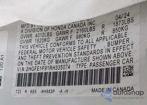 2024 Honda Civic Touring z USA, uszkodzony, nr VIN 2HGFE1F91RH335074